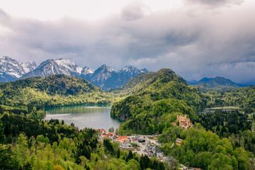 Beautiful landscape of mountains, forests, lakes. View from above. Schwangau. Bavaria, Germany