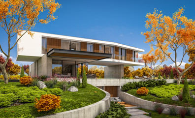 Fototapeta na wymiar 3d rendering of modern cozy house on the hill with garage and pool for sale or rent with beautiful landscaping on background. Clear sunny autumn day with golden leafs anywhere