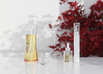 Cosmetic brand template. Bottle mock up set. 3D illustration