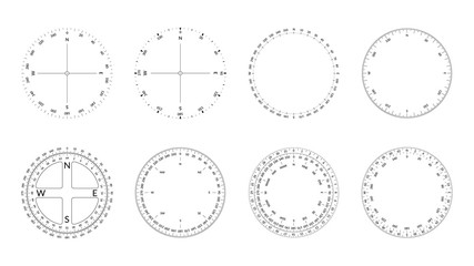 Circular protractor with dial and wind directions. Editable stroke width. - obrazy, fototapety, plakaty