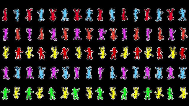 Seamless funny animation of minimal sketch characters dancing on a blue background. Stop motion zine culture video loop.