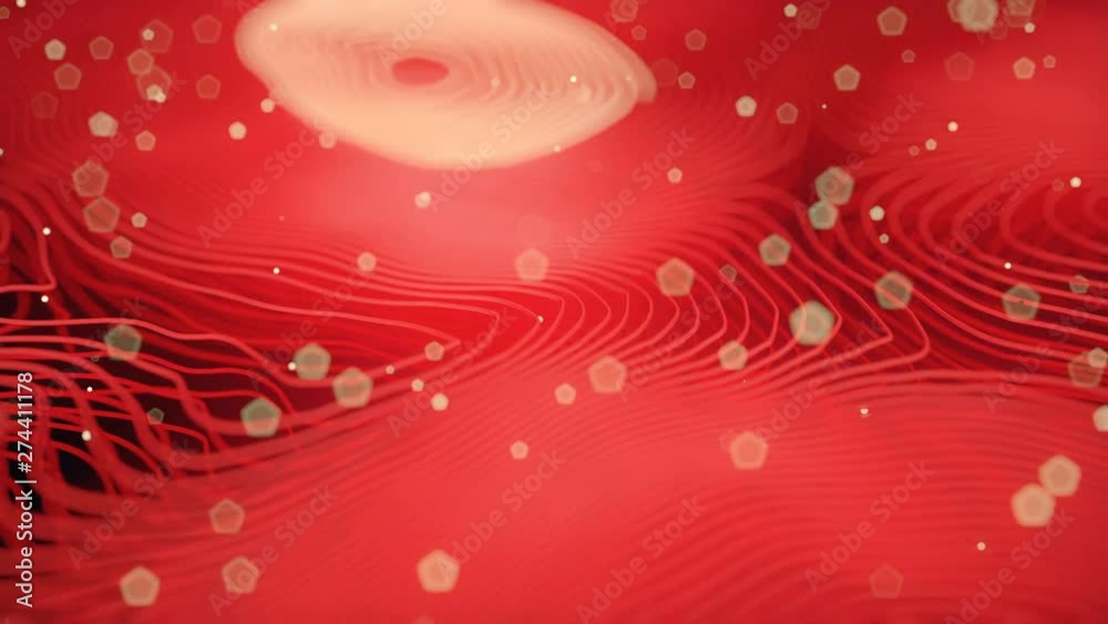 Aufkleber Red colored abstract background with bright particles. Deformed wavy wires with motion glowing elements. Depth of field. 3D render loop animation. 4K, Ultra HD resolution.