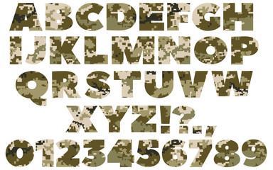 Alphabet from original Ukrainian camouflage isolated on white background. Green with black, white, olive and beige pixel pattern