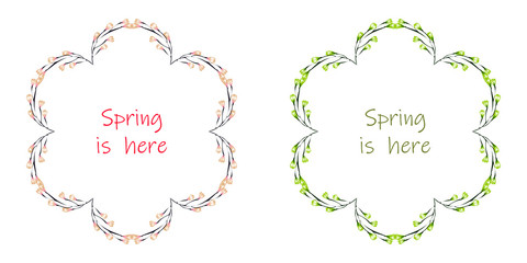 Vector floral set.Colorful purple floral collection with leaves and flowers,drawing watercolor. Spring is here text