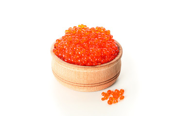 Wooden bowl with caviar isolated on white background