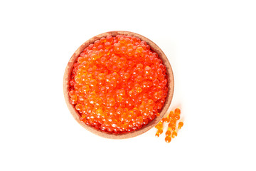 Wooden bowl with caviar isolated on white background