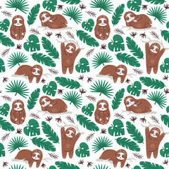 Lazy cute sloth dreaming in jungle. Textile seamless vector pattern. Wallpaper ornament for nursery and baby gift packing. Cartoon character design. © daqota