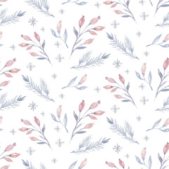 Watercolor seamless Christmas pattern with floral forest tree, snowflakes, pine branches. Penguin winter snow hand drawn