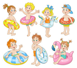 A group of seven funny children in different poses with swimming circles. In cartoon style. Isolated on white background. Vector illustration.