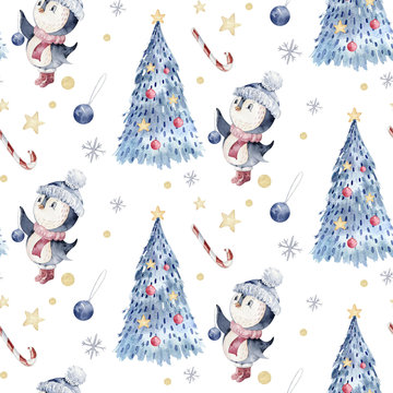 Watercolor seamless Christmas pattern with birds ,penguins, tree, snowflakes, branches. Penguin winter snow hand drawn