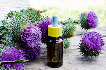 Obraz na płótnie Canvas Thistle essential oil in a bottle on the table near the thistle flowers on wooden background.