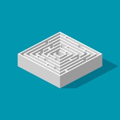 Labyrinth isometric game and maze fun puzzle isolated on blue background. Puzzle riddle logic game isometric concept. Vector illustration