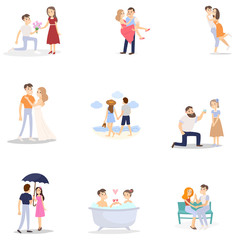 Set of modern romantic couple, woman and man in different situation