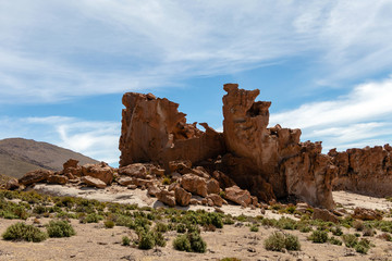 Fototapeta premium Bolivia: red rock formations of the Italia Perdida, or lost Italy, in Eduardo Avaroa Andean Fauna National Reserve