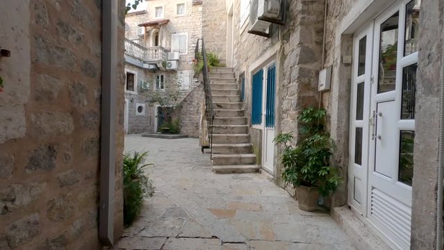 Ancient houses and narrow streets in old town of Budva, Montenegro.