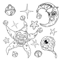 Dead Body Halloween set. Dark Skyes.  Hand drawn vector illustrations set. Use it as is or change white to any color you please