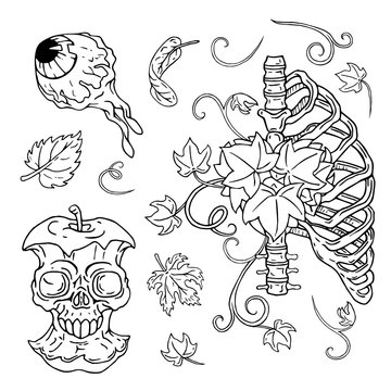 Dead body Halloween set. Nature. Hand drawn vector illustrations. Use it as is or change white to any color you please