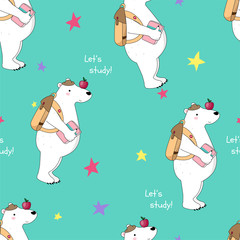 Seamless pattern of hand drawn polar bear back to school concept.