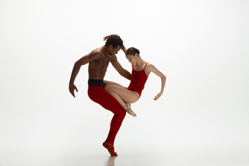 Graceful classic ballet dancers dancing isolated on white studio background. Couple in bright red...