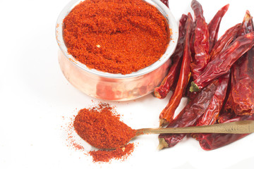 indian red chili powder isolated on white background