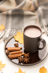 drinks and season concept - cup of hot chocolate, autumn leaves and warm blanket on white background