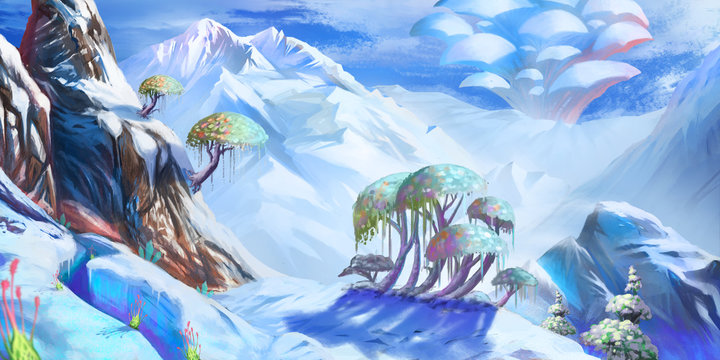 The Ice and Snow World. Mountain. Fiction Backdrop. Concept Art. Realistic Illustration. Video Game Digital CG Artwork. Nature Scenery.