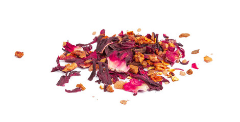  tea with candied fruit and rose petals on white background
