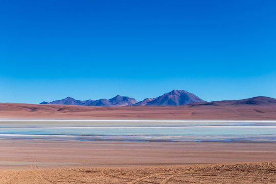 Beautiful background with Altiplanic Lagoon, a shallow saline lake and blue sky © nomadkate