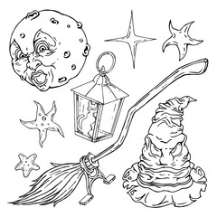 Witch Halloween set. Hand drawn vector illustrations. Use it as is or change white to any color you please
