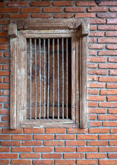 Fototapeta na wymiar Antique wooden window vintage retro style with brick wall background interior decoration