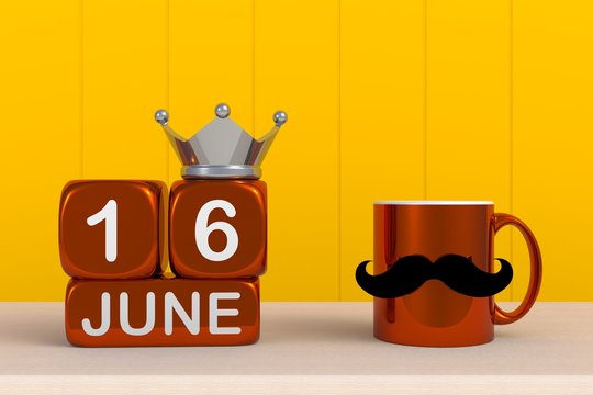 Happy Father’s Day message, Close up of coffee with mustache and crown on yellow wood background, Copy space, 3d rendering