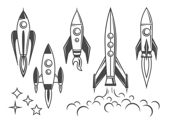 Rocket icons, set of vintage-style illustrations