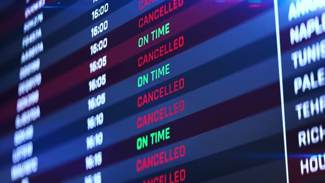 Flight status change to canceled, airport emergency, terminal schedule changing. Destinations, flight status, boarding gates info change on screen