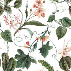 Watercolor tropical seamless vector pattern