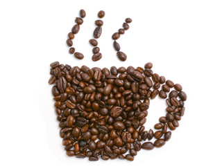 coffee cup shap of coffee bean isolated on a white background.