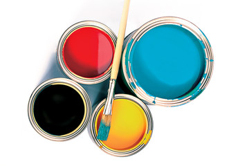 Three cans of paint and brush