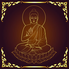 Golden Buddha Siddhartha gautama sit on lotus line art style with traditional frame