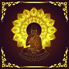 Golden Buddha Siddhartha gautama sit on lotus line art style with traditional frame