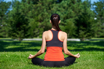 Fototapeta na wymiar Yoga. Young woman practicing yoga meditation in nature a park. lotus posture. Health lifestyle concept