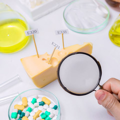 The food safety inspector is testing fruit from the market. Holds a magnifying glass in his hand, considering the cheese.