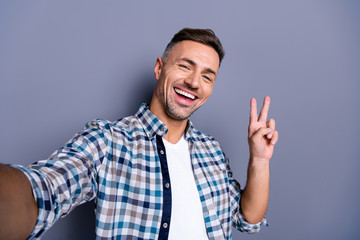 Self-portrait of his he nice attractive well-groomed cheerful cheery bearded grey-haired guy...