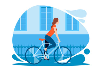 Girl dressed in a t-shirt and tight-fitting pants riding a bicycle through the city. Colorful vector illustration in flat style.