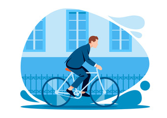 Man dressed in an elegant suit rides a bicycle through the city. Colorful vector illustration in flat style.