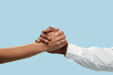 Friends greetings sign or disagreement. Two male hands competion in arm wrestling isolated on blue studio background. Concept of standoff, support, friendship, business, community, strained relations.