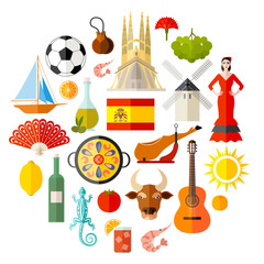 Spain character set with flat style. Popular Spanish attributes and souvenirs. Vector illustration on the theme of traveling in Europe. Collection of themed icons. © Ansty art