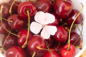sweet cherry berries in a white plate on a wooden background. Ripe red berries.