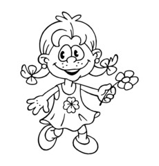cute little girl with braids and bows in a cloverleaf dress with a flower in her hand, black and white drawing