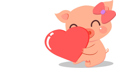 Little Pig cute girl hugging big heart.The year of the pig. 