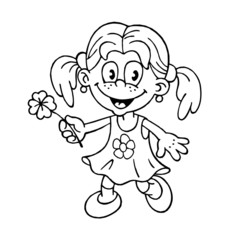 cute little girl with ponytails in dress with flower and cloverleaf in her hand, black and white drawing