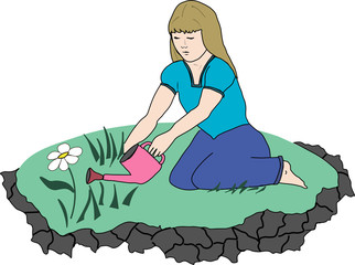 Girl watering the last flower on earth